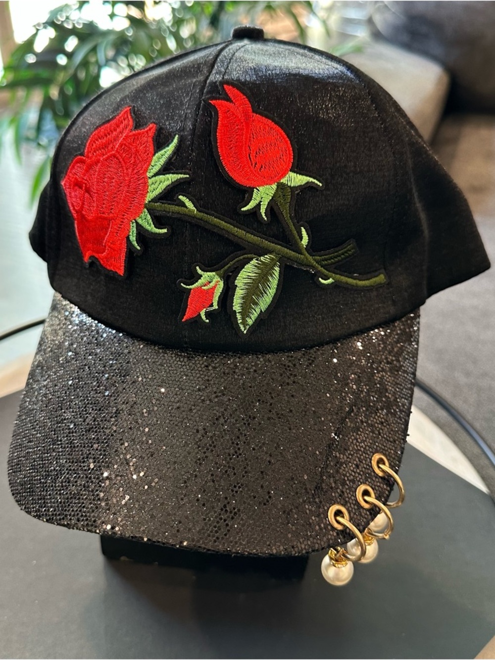 Black Rose Embroidered Baseball Cap with Pearl Hoop Accents
